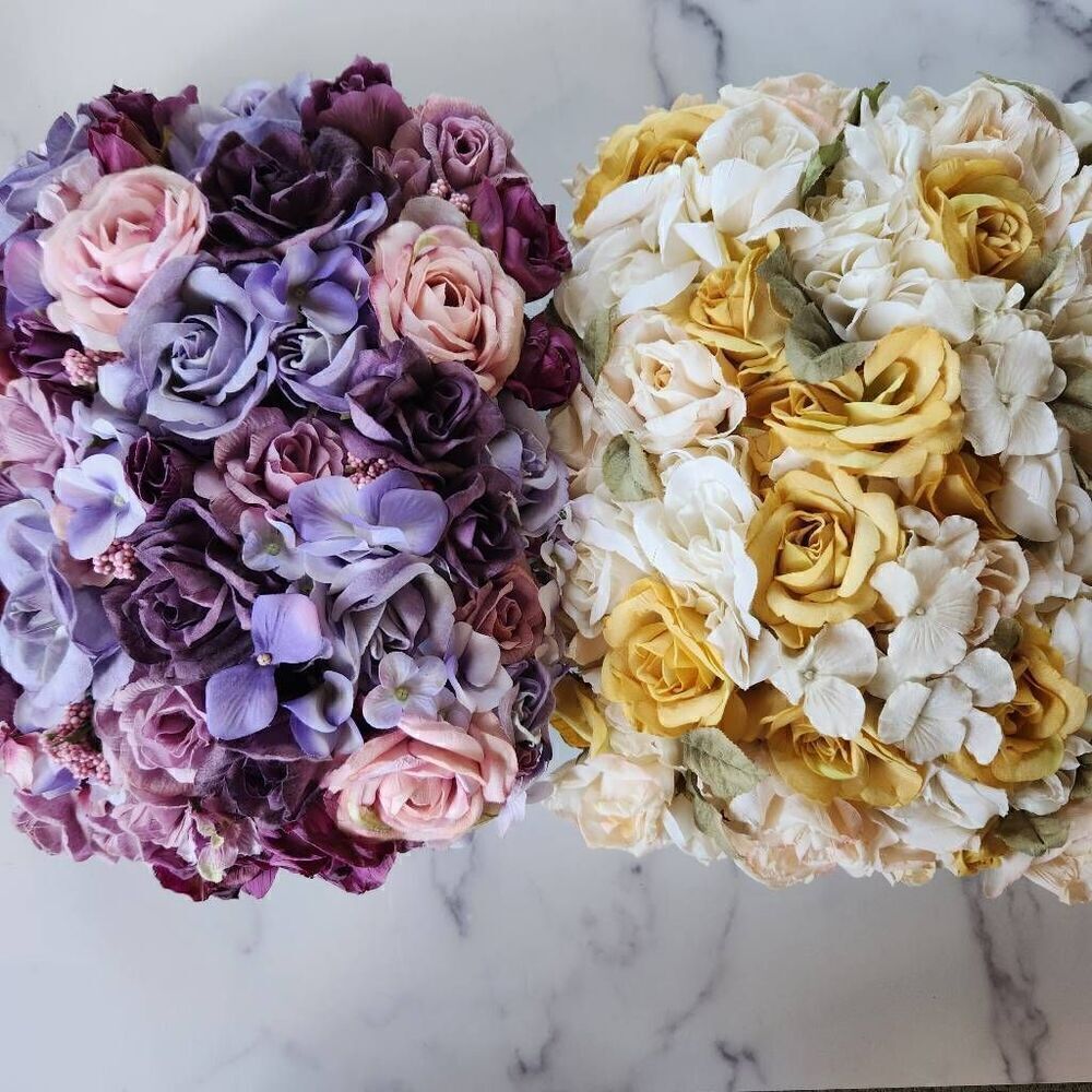 Decorative rose floral bouquet pillow bundle of 2 purple yellow